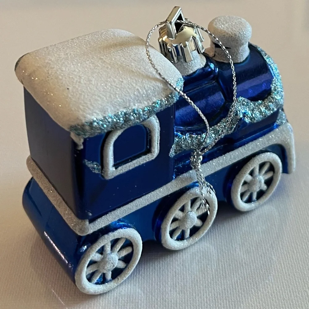 Vintage blue, white and silver sparkly train Christmas ornament